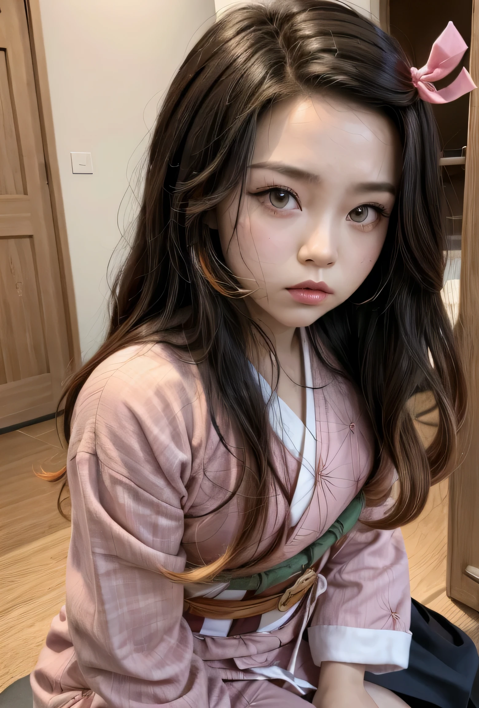 Masterpiece, Best Quality, High Resolution, Venus1, 1Girl, Solo, Tsuko Kamato, Bamboo, Gag, Hair (brown), Plaid Belt, Gag, Gag, Gradient Hair, Hair Ribbon, Haori, Japanese Clothing, Very Short Kimono, Long Hair, Looking at the Audience, Multicolored Hair, Pink Eyes, Very Short Pink Kimono, Pink Ribbon, Ribbon, Solo, (((Masterpiece)), Forehead, Sitting, Cute puffing cheeks, Angry, Eyes wide, hips very wide, thighs very thick