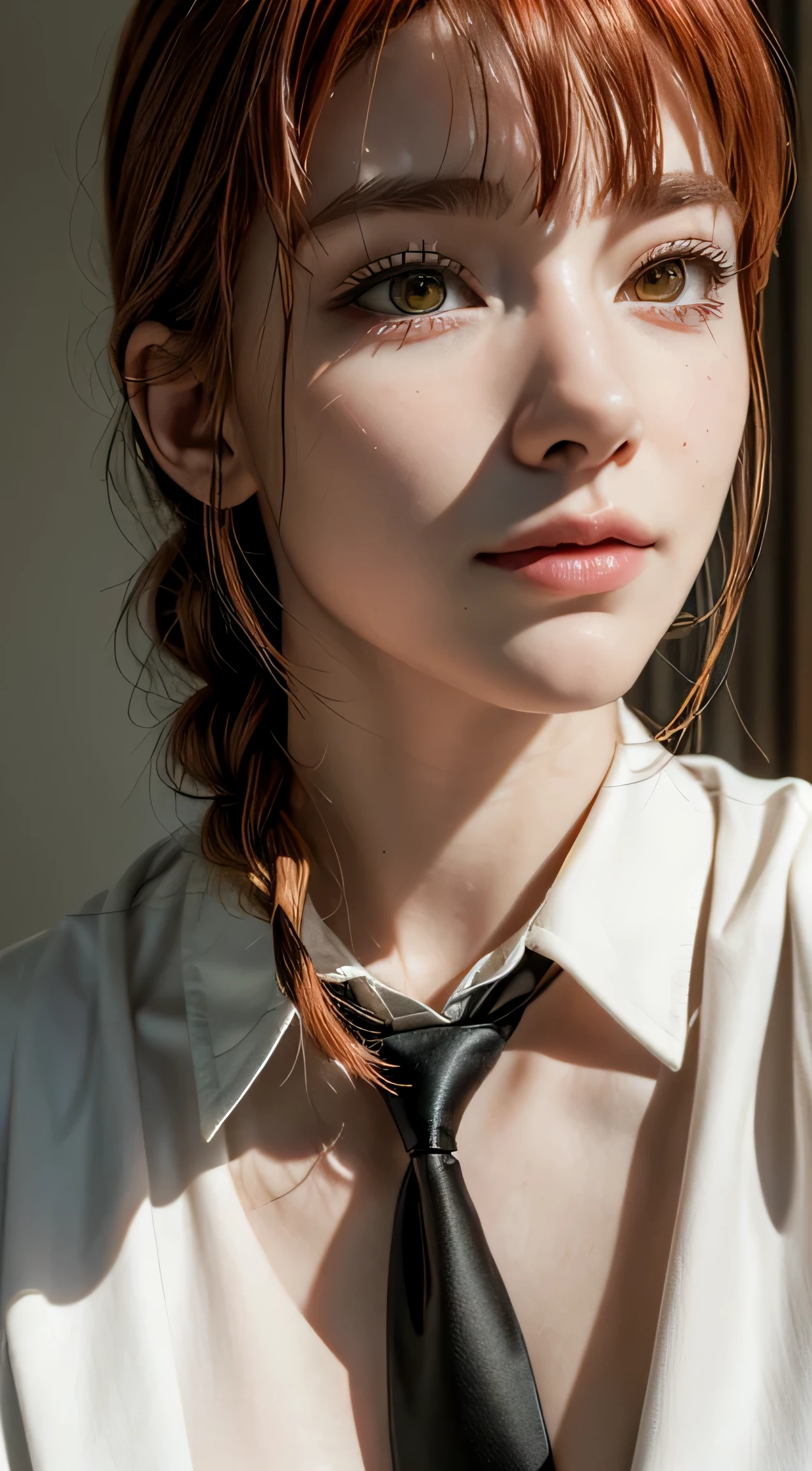 (masterpiece), gorgeous, a beautiful woman, coboy shot, makima \(chainsaw man\), (red haired), perfect anatomy, perfect face, expresive eyes, realistic, calm expression, soft expression, happy, smilling, sensual, white shirt, (yellow eyes), photorealistic, detailed hair, braid, bangs, perfect skin, soft skin, perfect lighting, semi-realistic, film grain,(close up), black tie, (young,perfect tie), delicate gentle, soft, femine, intimate BREAK she is wearing a white shirt, she is beautiful, she is calm, is a photorealistic image,