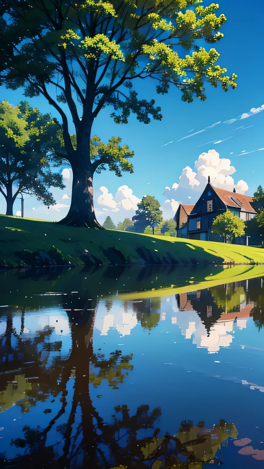 an extremely delicate and beautiful girl, 8k wallpaper, masterpiece,Cinematic Lighting, best quality,Illustration,detailed face depiction,scenery,tree,no humans,clear blue sky,cloud,outdoors,reflection,sky,building,water,daylight,blurry,summer