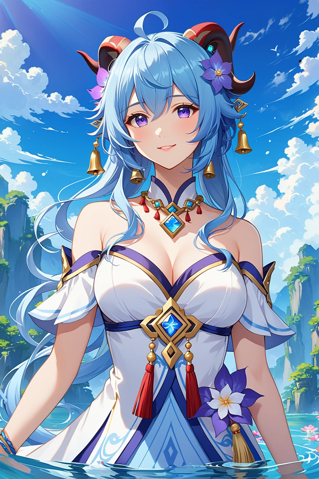 Xin Haicheng style,The subject is a single female character with long hair, noticeable breasts, and an engaging gaze towards the viewer. She has a pleasant smile with her mouth slightly open. Her hairstyle includes bangs and sidelocks, complementing her elegant dress adorned with jewelry. She possesses medium-sized breasts and distinctive blue hair that beautifully contrasts with her purple eyes. A flower accessory adorns her head along with an ahoge. The scene takes place outdoors under a sky filled with clouds, where she gracefully raises her arms showcasing delicate bracelets against the backdrop of a serene blue sky. A bell necklace hangs around her neck while she stands in shallow water surrounded by frills and horns. Additionally, she wears an alternate costume featuring tassels and holds a blue flower called "Vision" from the game Genshin Impact, representing the character named Ganyu.