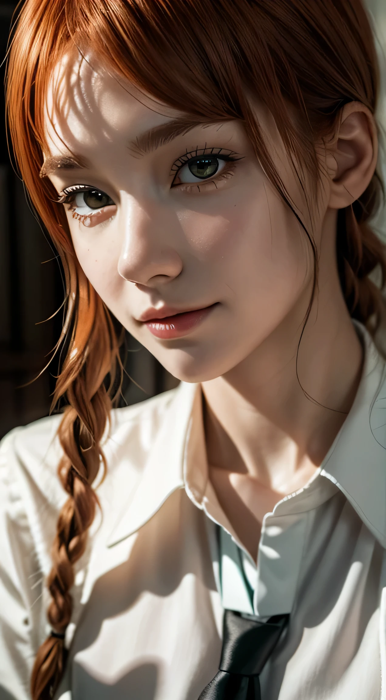 (masterpiece), gorgeous, a beautiful woman, coboy shot, makima \(chainsaw man\), (red haired), perfect anatomy, perfect face, expresive eyes, realistic, calm expression, soft expression, happy, smilling, sensual, white shirt, (yellow eyes), photorealistic, detailed hair, braid, bangs, perfect skin, soft skin, perfect lighting, semi-realistic, film grain,(close up), black tie, (young,perfect tie), delicate gentle, soft, femine, intimate BREAK she is wearing a white shirt, she is beautiful, she is calm, is a photorealistic image,