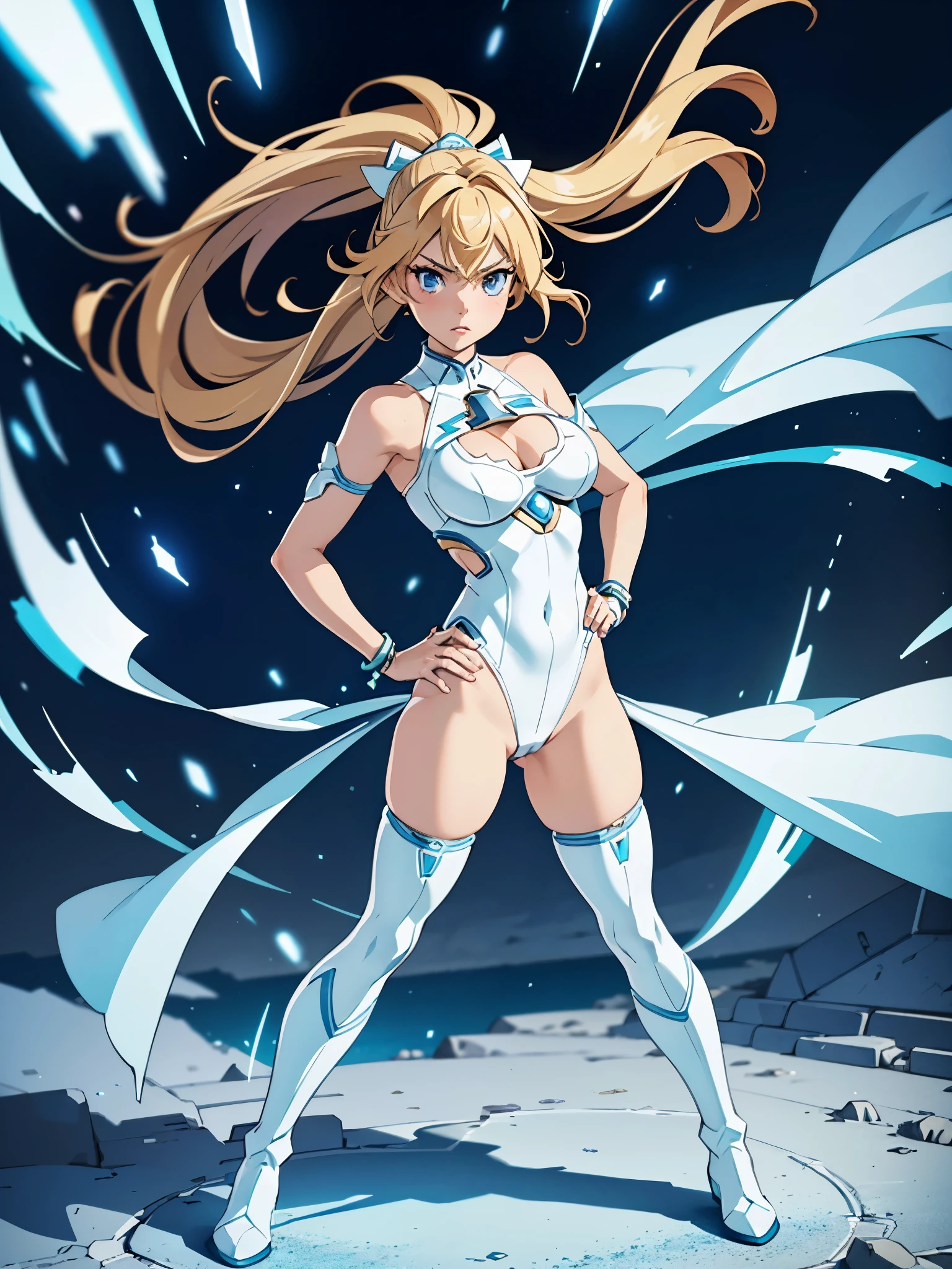 1girl, light blonde hair, aquamarine eyes, boots, breasts, bracelets, cleavage cutout, full body, hair ornament, hairclip, shoulder-length hair, full body with costume, leotard, white leotard with blue accents, bare legs, white stockings, white boots, medium breasts, solo, standing, superhero, (lighting logo on chest), beautiful detailed eyes, beautiful detailed face, age 18, ahoge, full body zenkai! asuka suit, full body portrait, body infused with electricity, diffraction spikes, heroic, standing straight, hands on hip, cowboy shot, city backdrop