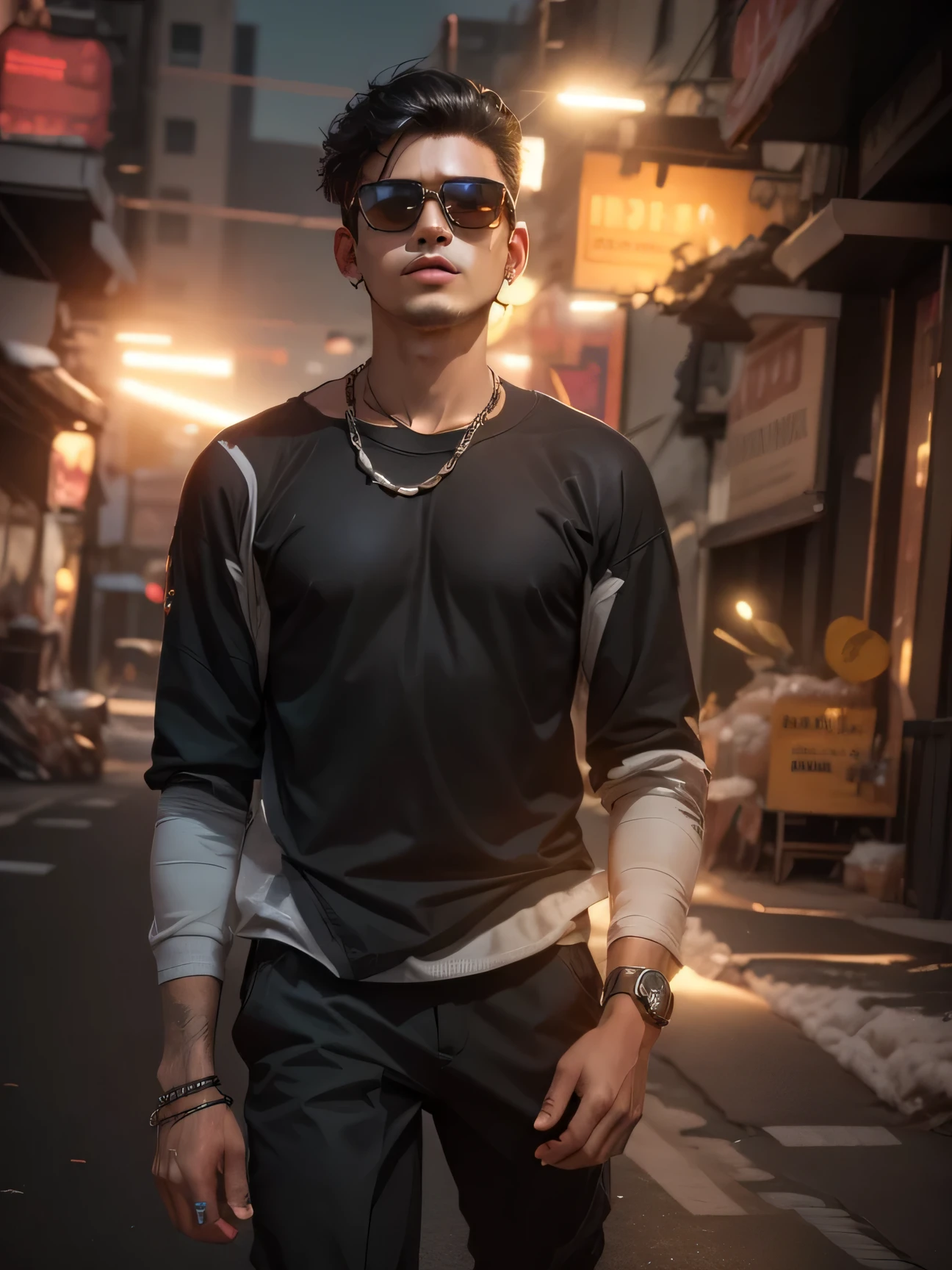 Change background night cyberpunk handsome boy, realistic face, original face, neon light effect,cute cat, sunglasses light effect