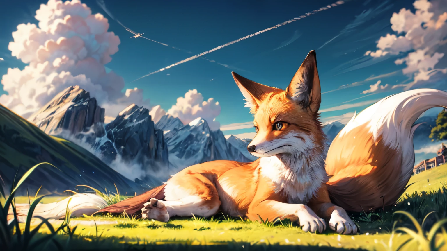 ((best quality)), ((masterpiece)), (detailed), landscape, background, outdoor, blue sky with clouds, small fox laying on ground