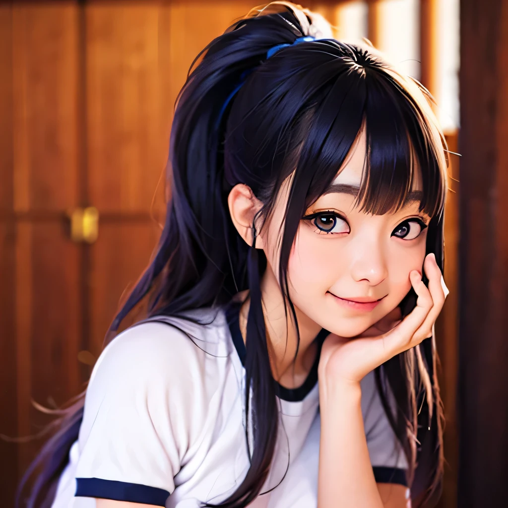 white large plainTshirt)),((Navy blue bloomers)) 、huge breasts、ponytail, japanese girl, 8K, ((full body shot)), highest quality, masterpiece, realistic, Photorealistic super detail, one girl, cute, best smile, beautiful eyes, long hair, perfect face,full body shot