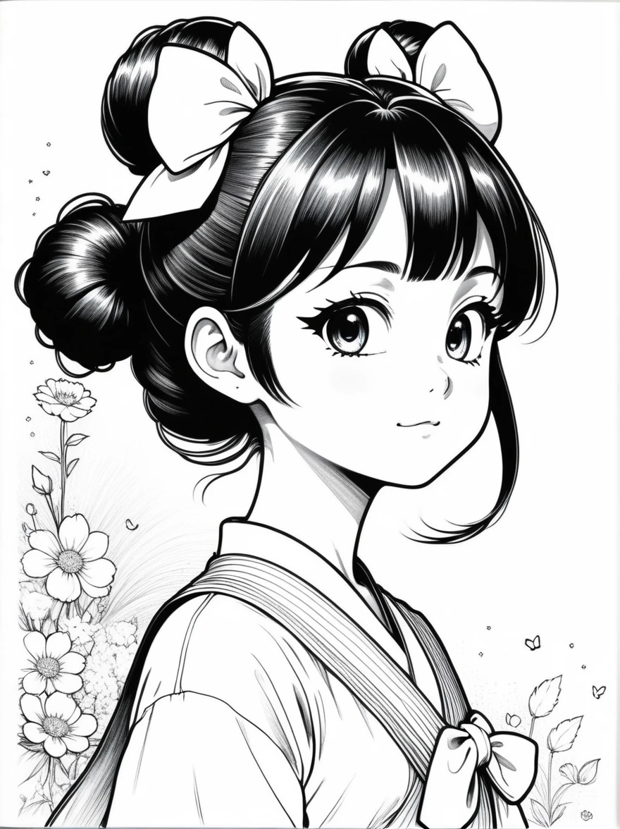 Works by Akira Toriyama,((Anime line drawing:1.8)),((Black Lines)),dream,sketch,Ethereal,dream,((美轮美奂的5 years old精灵???)),(((5 years old))),((solo)),cute,kawaii,wonderland,(Little),((Bun hair bun)),composition