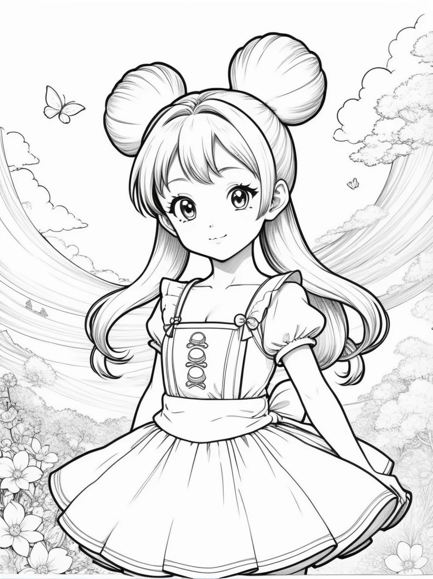 Works by Akira Toriyama，((Anime line drawing:1.8))，((Black Lines))，dream，sketch，Ethereal，dream，((美轮美奂的5 years old精灵???))，(((5 years old)))，((solo))，cute，kawaii，wonderland，(Little)，((Bun hair bun))，composition