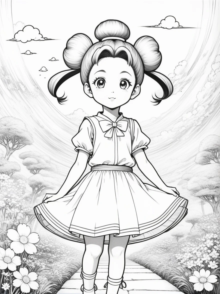Works by Akira Toriyama,((Anime line drawing:1.8)),((Black Lines)),dream,sketch,Ethereal,dream,((美轮美奂的5 精灵小女孩)),(((5 years oldo)),cute,kawaii,wonderland,(Little),((Bun hair bun)),composition