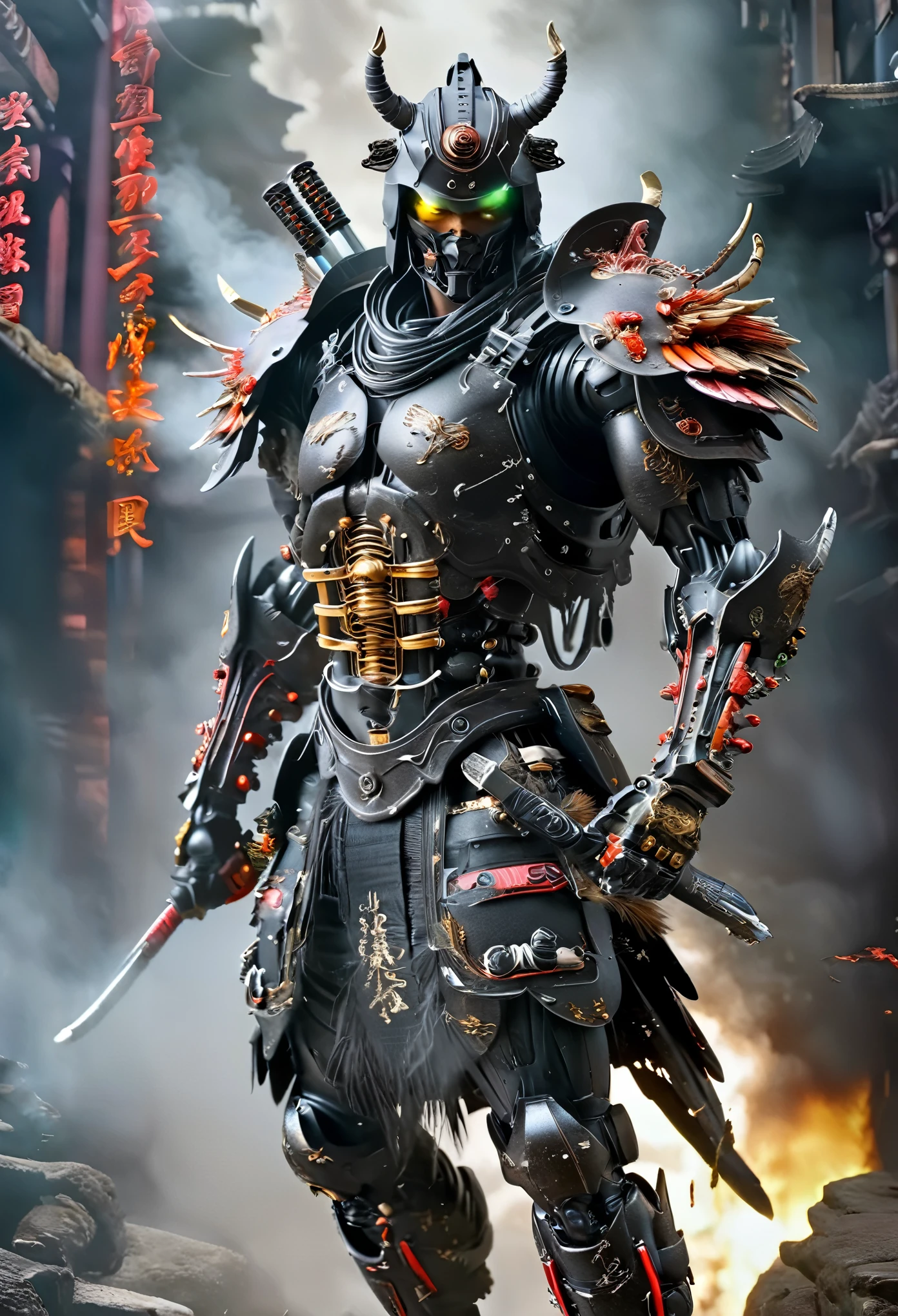 cyborg samurai like creature in action and unleashing an attack against enemies, fw murano style, plumes of jet black plumes smokes, vibrant colour blast, incredibly detailed, dark, key visuals, atmospheric, highly realistic, high detail texture, ray tracing