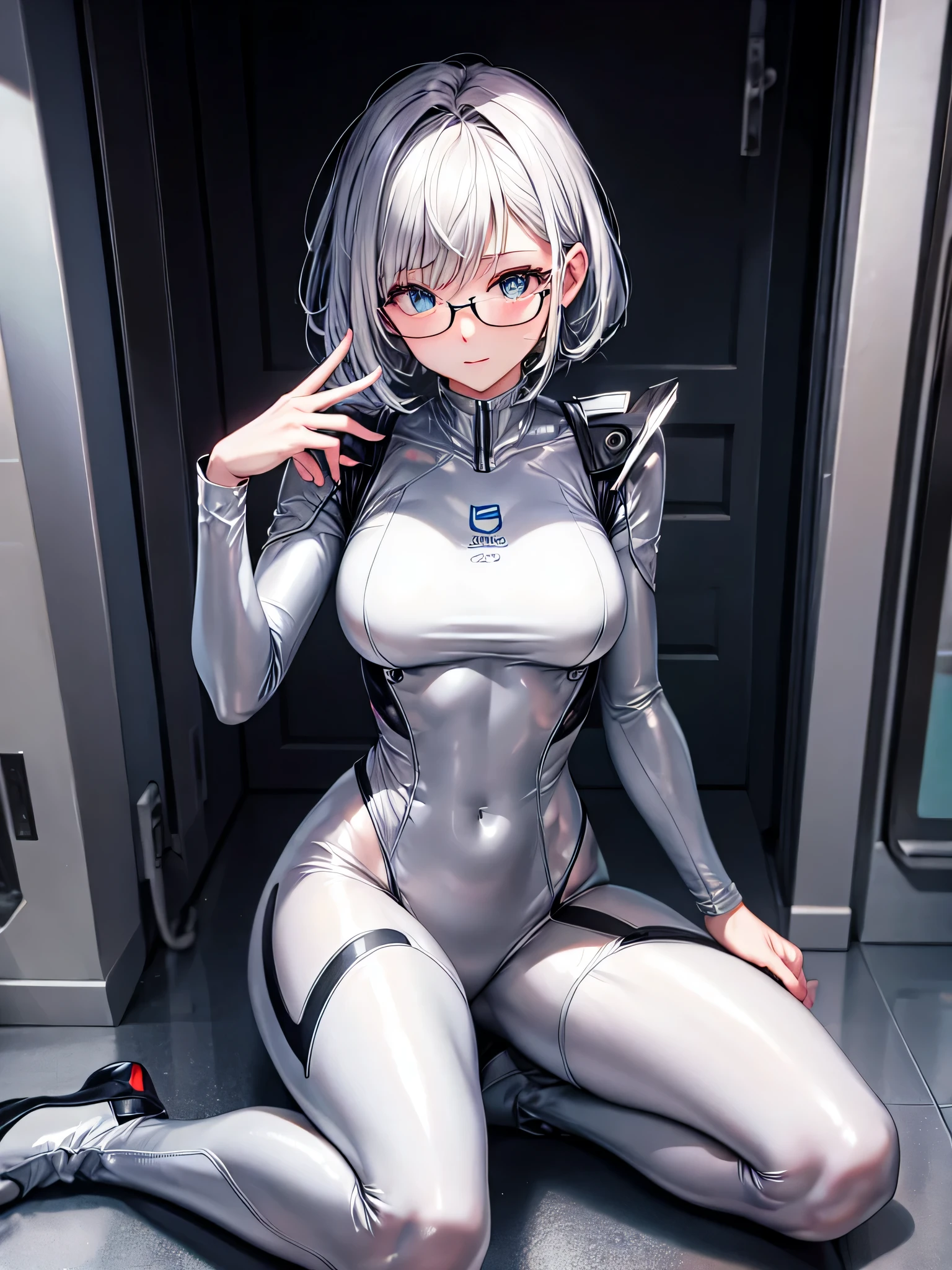 Highest quality 8K UHD、muste piece、Upper body、short hair、Spread your legs apart、sitting down and raising one leg、silver hair、Glasses、Full body shiny silver tights、A beautiful woman wearing a silver metallic suit、Full body silver metallic rubber suit
