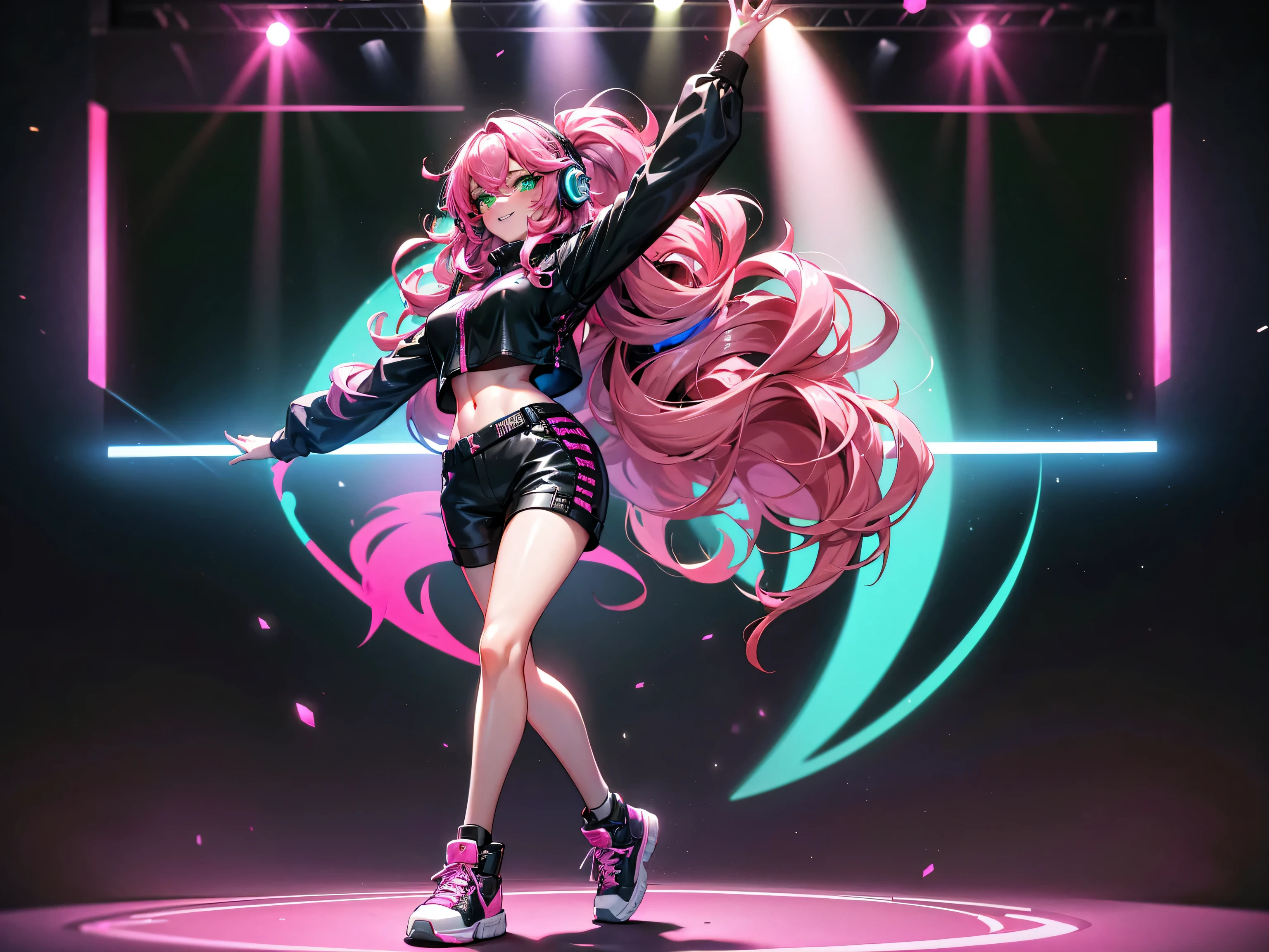 masterpiece:1.4, 1girl ((20year old, dressed in long sleeve shirt, tight black shorts, sneakers, medium breasts, multicolor pink hair, curly long hair, perfect model body, green eyes:1.4, Wearing headphones, looking up, happy, smiling, flirting, standing on a stage at a concert, dancing, neon lighting and colorful, futuristic dance club, futuristic and exciting atmosphere)) ((solo))