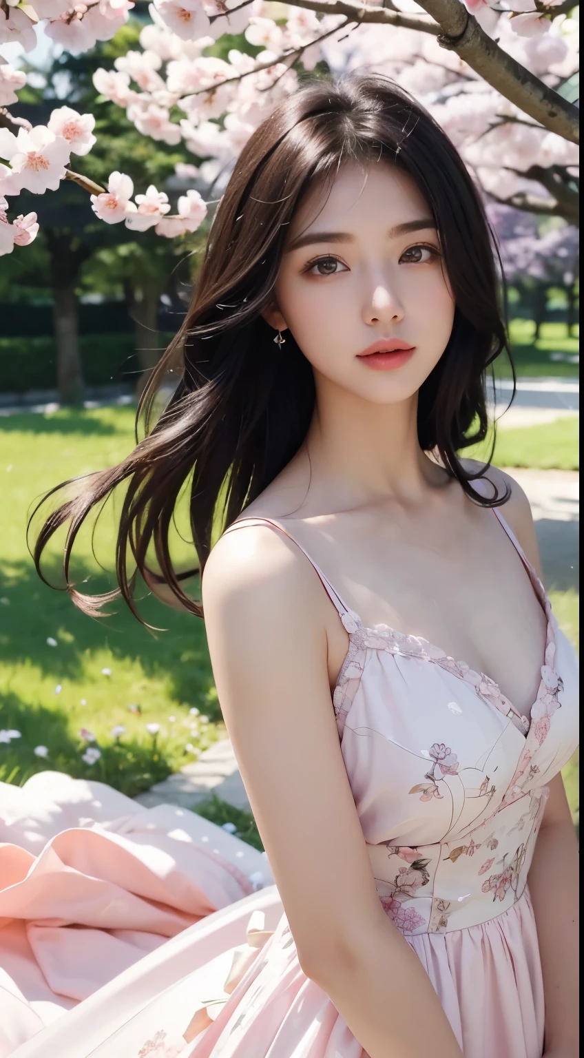 (logo、masterpiece、8K、table top、Raw photo、wonderful、最high quality、フォトリアリスティックでvery detailedな CG 統合 8k 壁紙、high quality、very detailed、Narrative poem、particle effects、dynamic effect、written boundary depth、cinematic light、Lens flare、ray tracing)、fantasy、 (1 beautiful woman、dress、dress、cherry blossom pattern、black haired、beautiful face、real face、beautiful details eyes beautiful skin)、髪がWindで踊る、Hair flutters in Wind、hair bounces、pink cherry tree、petals dance、SakuraFubuki、wonderful景色、sunrise、sun on background、Wind、