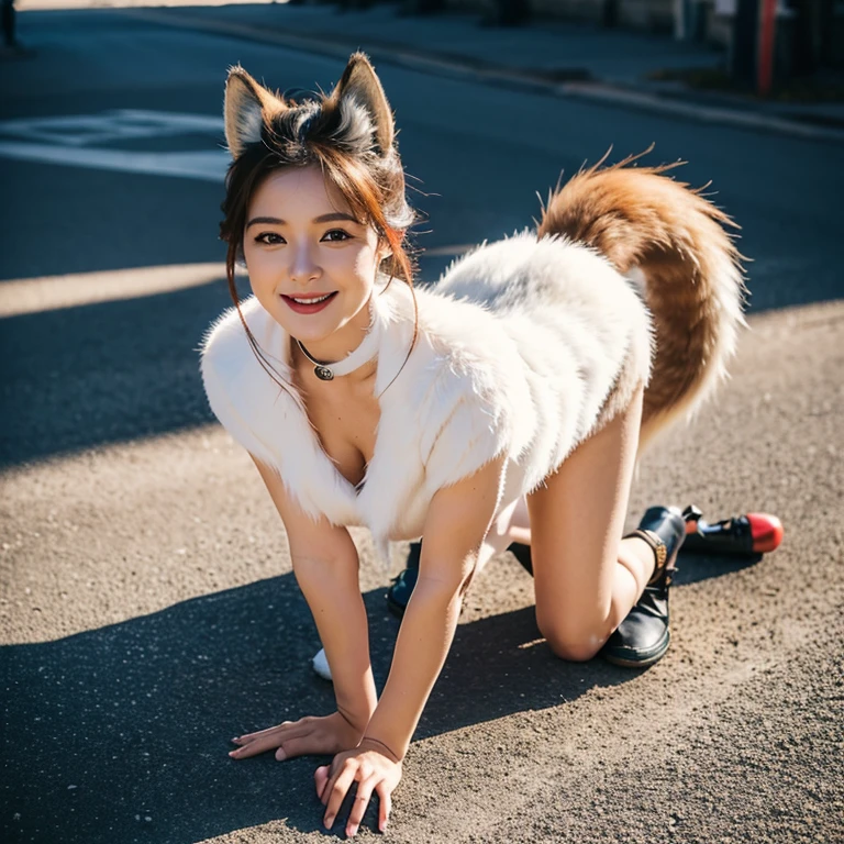 ((highest quality)), ((masterpiece)), (become familiar with), perfect face, fox woman, Beautiful woman, public, A tail is growing, she has a fluffy tail, she has a fox tail, she wags her tail, smile, collar and leash, get down on all fours, she is wearing a dress