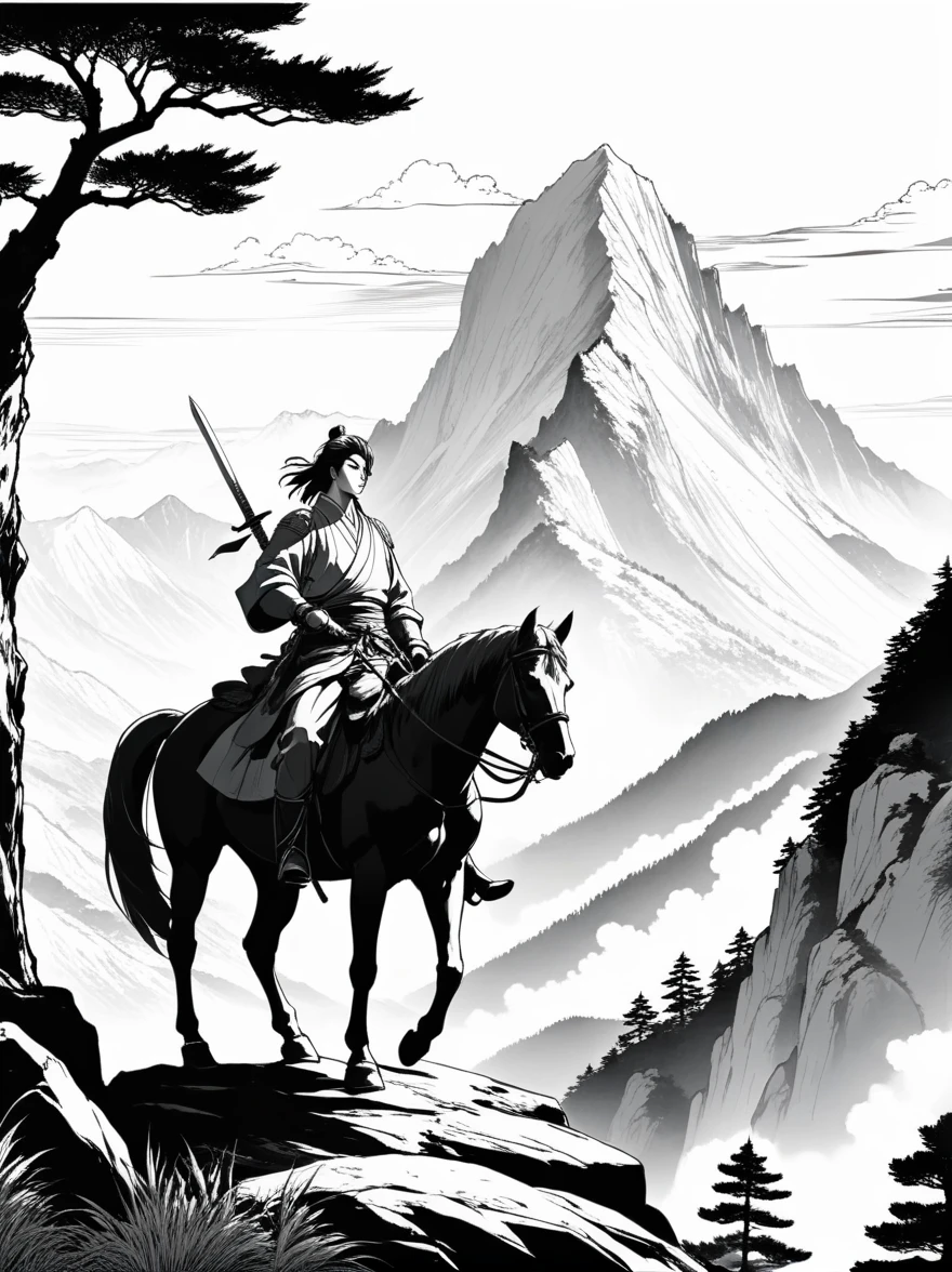 鸟Mountain明大师作品，((Anime line drawing:1.8))，((Black Lines))，sketch，Tree，Mountain，A painting of a man on horseback holding a sword and a group of men on horseback in the background，composition，((have no color))
