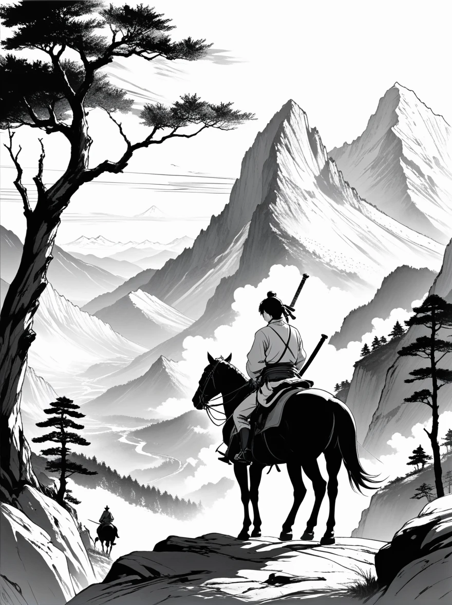 鸟Mountain明大师作品，((Anime line drawing:1.8))，((Black Lines))，sketch，Tree，Mountain，A painting of a man on horseback holding a sword and a group of men on horseback in the background，composition，((have no color))