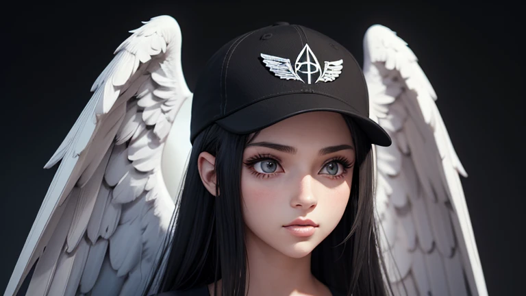 There is a woman with a black baseball cap and wings on her head., of an beautiful angel girl, angel girl, Realistic anime 3d style, Gwaites style artwork, beautiful angel, Girl with angel wings, beautiful digital artwork, of beautiful angel, beautiful angel girl portrait, beautiful anime girl, anime style 4k, realistic 3d animation

