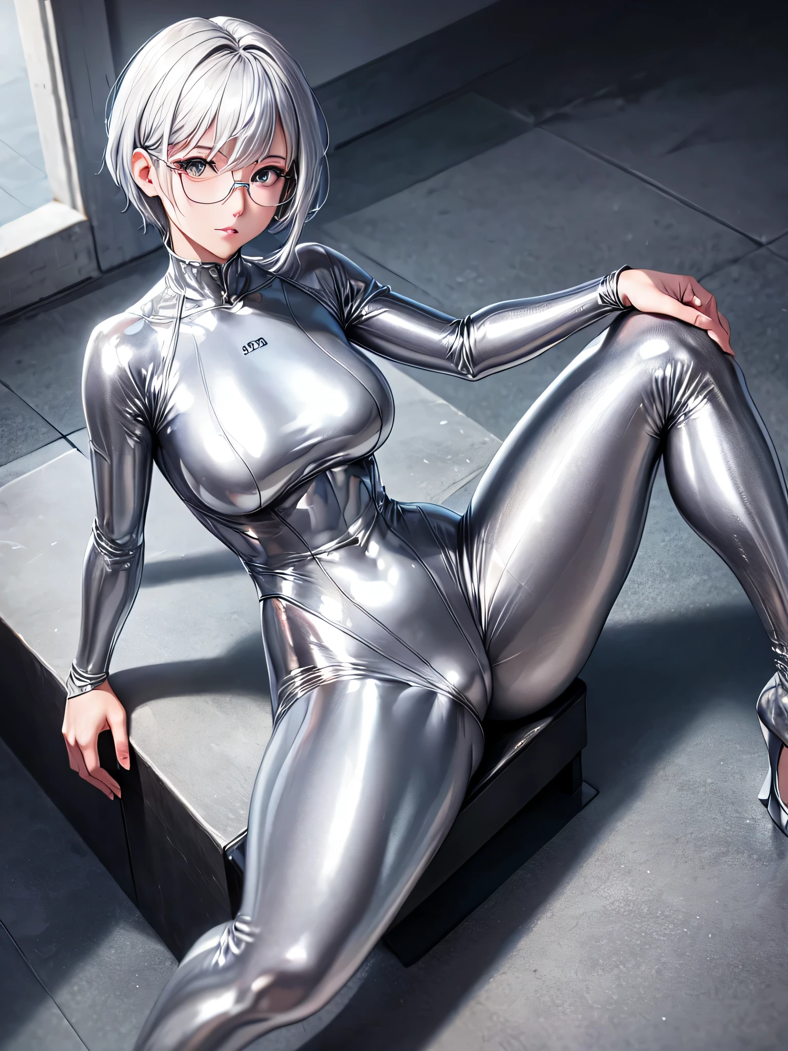 Highest quality 8K UHD、muste piece、Upper body、short hair、Spread your legs apart、sitting down and raising one leg、silver hair、Glasses、Full body shiny silver tights、A beautiful woman wearing a silver metallic suit、Full body silver metallic rubber suit