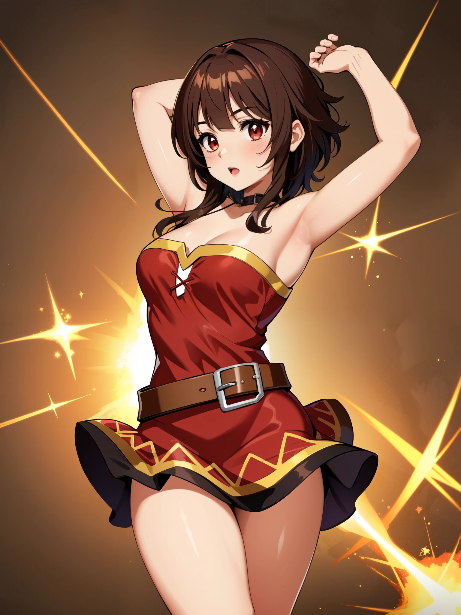 Show your armpits,(masterpiece, highest quality, detailed background, intricate details), 1 girl, Megumin, short brown hair, dress, red dress, have, witch have, belt, choker,Cast magic,Explosive magic,