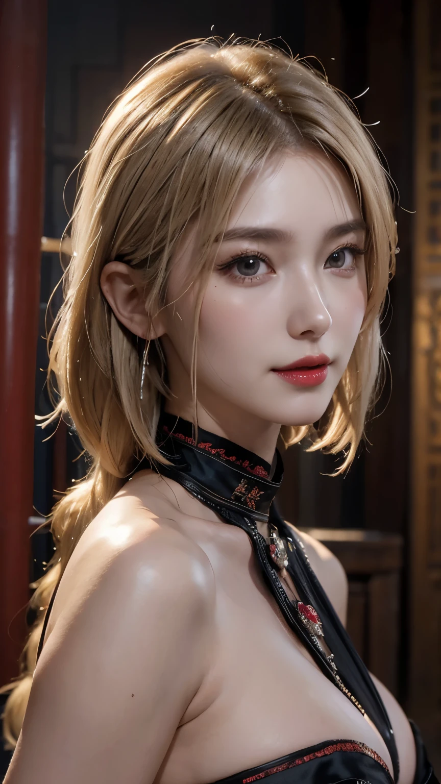(Hyper Realistic), Ancient Shrine Maiden, Female Shaman, Huge beauty, Peace of mind, High resolution, real short hair, blonde, blonde Woman, Detailed skin texture, Ultra High resolution, Realistic, Plump figure, smile, Middle-aged beauty, Beautiful expression, Detailed red and black areola, 小さな紫色の風通しの良い長いblondeの髪, The Spirit of God, Extremely delicate and fine skin texture, 35人のFemale Shaman, (Ancient gorgeous, Gorgeous temples), Ancient Priestess, Big cleavage, Deep neckline, Big Red Lips, (Gorgeous black outfit and gorgeous accessories), I have a gorgeous platinum cane