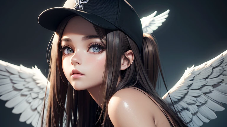 There is a woman with a black baseball cap and wings on her head., of an beautiful angel girl, angel girl, Realistic anime 3d style, Gwaites style artwork, beautiful angel, Girl with angel wings, beautiful digital artwork, of beautiful angel, beautiful angel girl portrait, beautiful anime girl, anime style 4k, realistic 3d animation