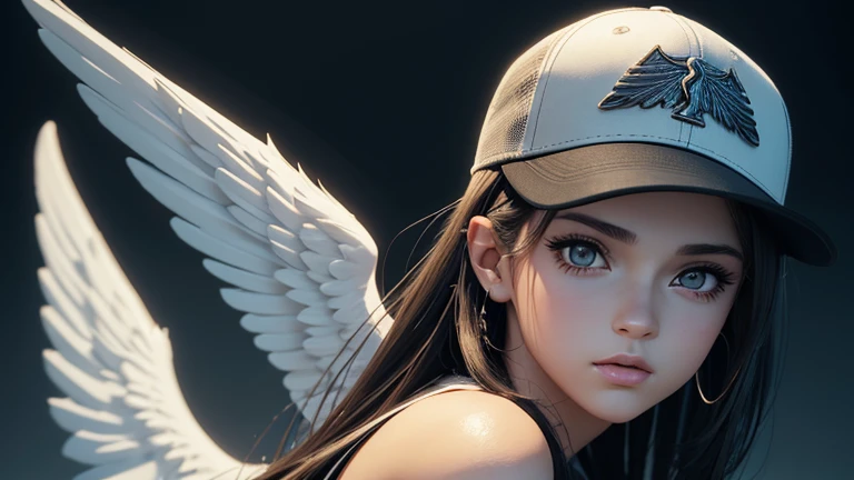 There is a woman with a black baseball cap and wings on her head., of an beautiful angel girl, angel girl, Realistic anime 3d style, Gwaites style artwork, beautiful angel, Girl with angel wings, beautiful digital artwork, of beautiful angel, beautiful angel girl portrait, beautiful anime girl, anime style 4k, realistic 3d animation