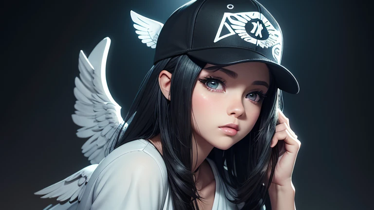 There is a woman with a black baseball cap and wings on her head., of an beautiful angel girl, angel girl, Realistic anime 3d style, Gwaites style artwork, beautiful angel, Girl with angel wings, beautiful digital artwork, of beautiful angel, beautiful angel girl portrait, beautiful anime girl, anime style 4k, realistic 3d animation