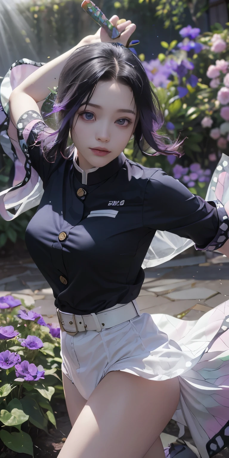 Ultra-realistic 8k CG,white panties:1.4、（Beautiful bikini panties:1.4） 、squat and open your legs、beautiful pantieasterpiece,（mini skirt生脚white panties:1.4） ,spread legs,show white panties,mini skirt、front、, (weapon in hand: 1.2), (attack: 1.2), beauty, goddess, （生脚white panties:1.3）,frontから, face sticking out, (super detailed background, delicate pattern, intricate details)), high quality, highly detailed face, （超mini skirtから見えるwhite panties生脚:1.4）、highly detailed eyes and face, highly detailed eyes, kocho shinobi, colorful hair, No bangs, hair intake, purple eyes, amount, black shirt, black pants (Haori, butterfly, button, belt, (garden: 1.2), purple flowers, Chibi, cloudy null, sunlight, Tyndall effect, exy、Slope_null, face, gorgeous null, Sword at the waist,Ultra-realistic 8k CG, masterpiece,（mini skirt:1.4） close, (weapon in hand: 1.2), (attack: 1.2), beauty, goddess, frontから, face sticking out, (super detailed background, delicate pattern, intricate details)), high quality, highly detailed face, highly detailed eyes and face, highly detailed eyes, kocho shinobi, colorful hair, No bangs, hair intake, purple eyes, amount, black shirt, black pants (Haori, butterfly, button, belt, (garden: 1.2), purple flowers, Chibi, cloudy null, sunlight, Tyndall effect, Slope_null, face, gorgeous null, Sword at the waist,