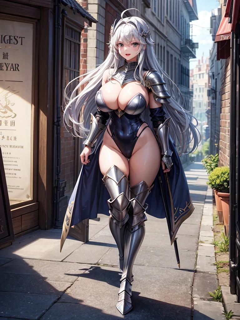 Woman knight、a beauty girl、huge tit、Excellent style、Nice Buddy、glamorous、leotard、s Armor、Shoulder rest armor、Bra chest armor、knee boots、gauntlets、hair adornments、silber hair、Longhaire、Ahoge、is standing、full body seen 、Medieval city、Walking、slightly open mouth、a smile、