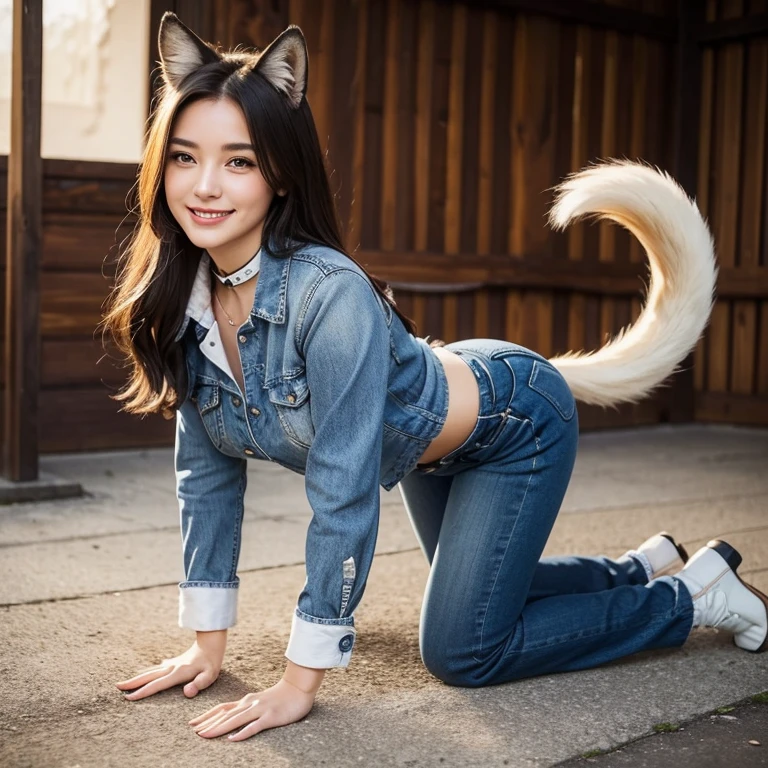 ((highest quality)), ((masterpiece)), (become familiar with), perfect face, fox woman, Beautiful woman, public, A tail is growing, she has a fluffy tail, she has a tail, she wags her tail, smile, collar and leash, She wears jeans, get down on all fours, buckshot