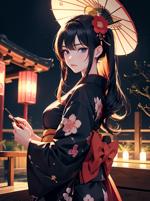 Oiran Dochu、With a golden hairpin on her head、woman1name、strong will。strong gaze、adult sex appeal、dark atmosphere。 black hair、beautiful, blue eyes, ,night light ((8K, Hmm, surreal))、she is wearing a proper yukata。glare、spring。Cherry-blossom viewing。Navy Kimono