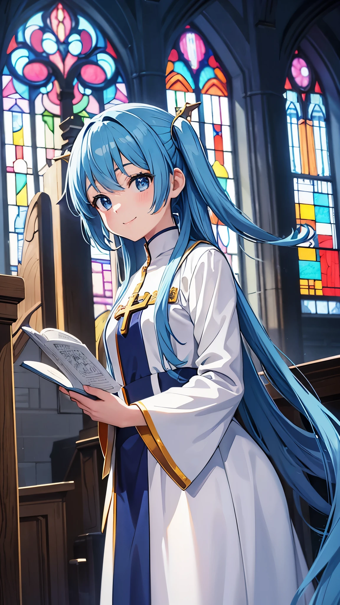 church、Statue of Christ on the Cross、Vivid stained glass、Beautiful girl with a smile、light blue long hair、A beautiful girl priest with twin tails,  I&#39;m with the choir.、anime moe art style, in a dress, Gweiz, clean detailed anime art, 