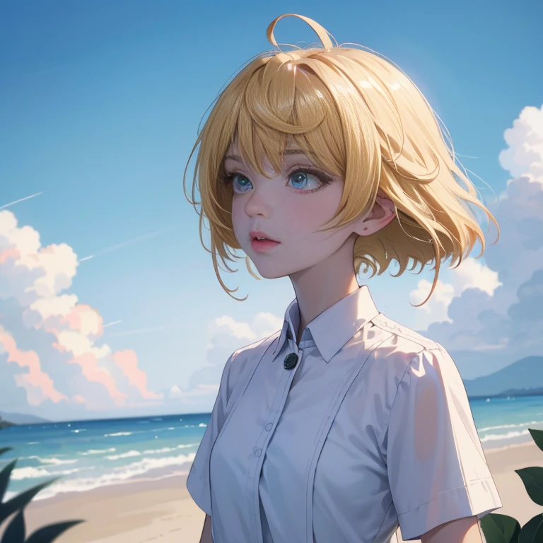 Masterpiece, highest quality, super detail, illustration, beautiful details, depth of field, dynamic angle, 8k wallpaper, portrait, best light and shadow quality, 4k, 8k, cg], fine details, one girl, flower, blonde hair, short hair, wave hair, outdoor, letterbox, day, sky, looking up, short sleeves, shirt, clouds, sunlight, white shirt, serapuk, upper body, from the side, orange blossom, Blur, blue sky, depth of field