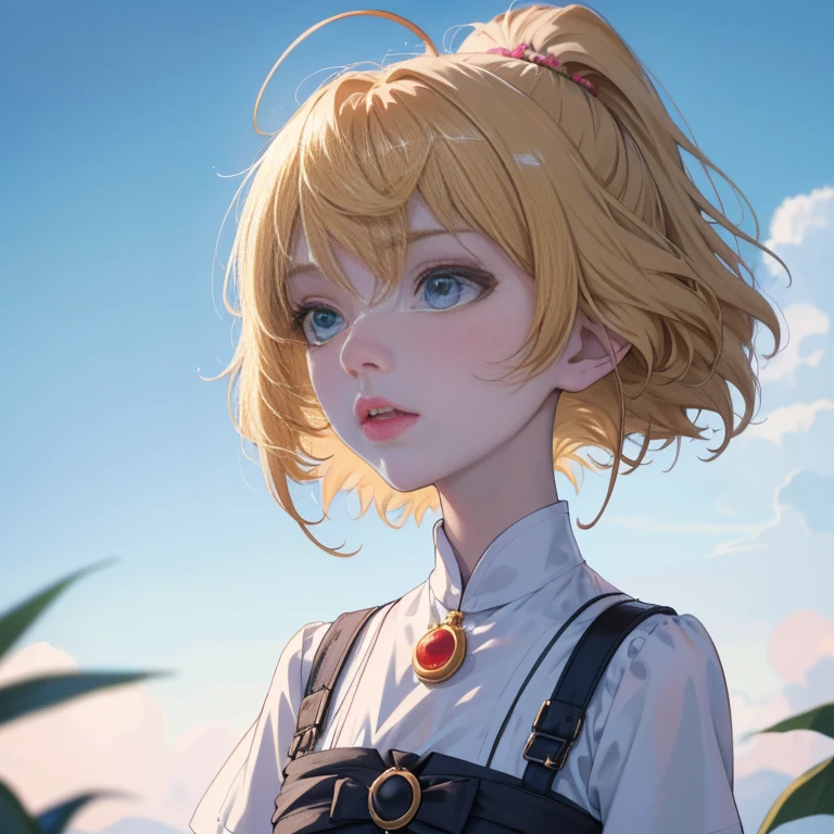 Masterpiece, highest quality, super detail, illustration, beautiful details, depth of field, dynamic angle, 8k wallpaper, portrait, best light and shadow quality, 4k, 8k, cg], fine details, one girl, flower, blonde hair, short hair, wave hair, outdoor, letterbox, day, sky, looking up, short sleeves, shirt, clouds, sunlight, white shirt, serapuk, upper body, from the side, orange blossom, Blur, blue sky, depth of field