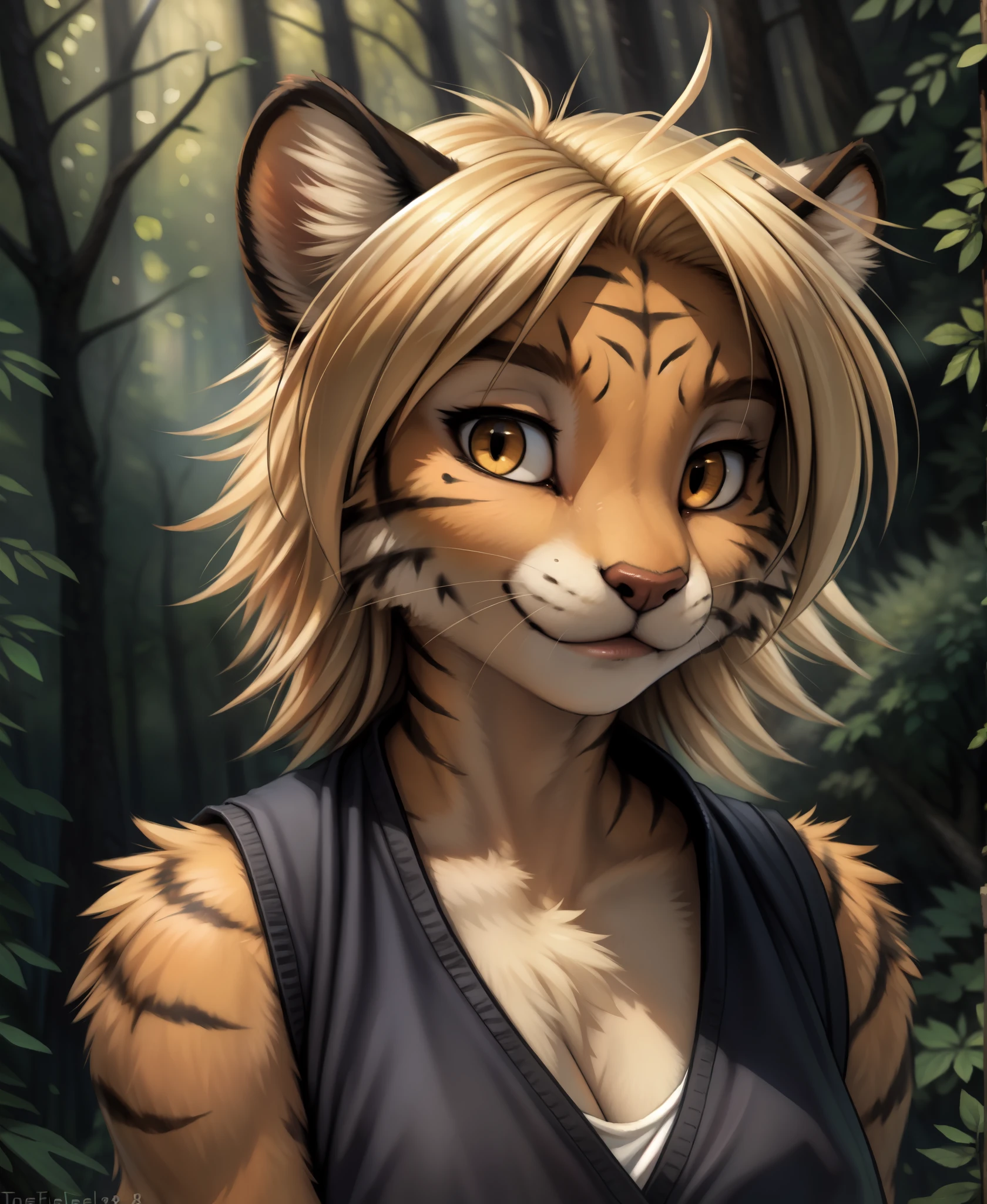 by kenket, by totesfleisch8, (by thebigslick, by silverfox5213:0.8), (by syuro:0.2),, ivy-twokinds, twokinds, (best quality, masterpiece:1), solo, furry female anthro, yellow eyes, blond hair, medium hair, tiger tail, finger claws, portrait, looking at viewer, (outdoors dark forest trees blurry blurred background:1.1), 