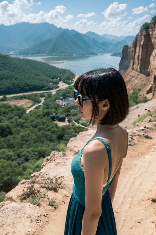 Naked Japanese girl standing on a cliff, short cut hair, Round glasses