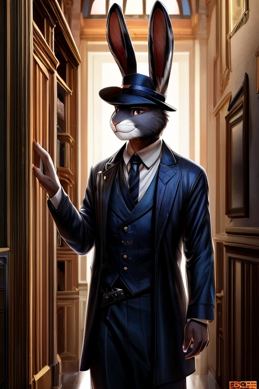 score_9, score_8_up, best quality, masterpiece, very detailed, high resolution, sharp, sharp image, detailed background, Rabbit, rabbit features, rabbit face, rabbit ears, rabbit full body, male, men, boy, detective uniform, detective cloth, smiling, black fur