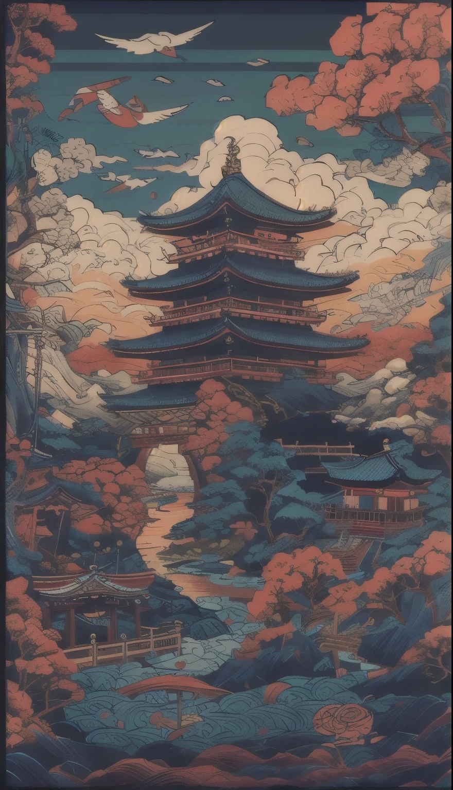 Uma vila a beira de um rio , Estilo de arte japonesa, japanese inspiration poster, studio ghibli and dan mumford, Japan Poster, estilo de arte oriental, Quioto inspirado, Inspirado por Torii Kiyomasu, inspirado em Yoshida Hanbei, inspirado em Torii Kiyomitsu, Inspirado em Utagawa Hiroshige II