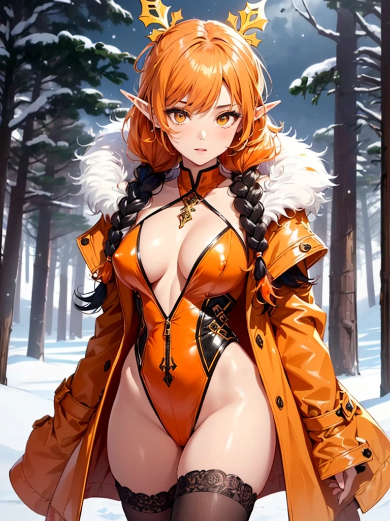 cute elf,(((little ,tiny little body,little))),((())),((anime elf with extremely cute and beautiful orange hair)), (((elf))), (((elf ears))),
(((flat chest))),((((black hair:1.35,messy orange hair,long hair,huge braids,colored inner hair,ear breathing)))),(((orange_eyes:1.3))),intricate eyes,beautiful detailed eyes,symmetrical eyes,big eyes:1.5,(((lustrous skin:1.5,bright skin: 1.5,skin tanned,shiny skin,very shiny skin,shiny body,plastic glitter skin,exaggerated shiny skin,illuminated skin))),(detailed body,(detailed face)),
cute,slutty,erotic,daring,(((nsfw))),
zettai ryouiki,revealing clothing,show skin,(((Sexy orange coat, orange coat outfit, wearing a orange coat:1.3,orange winter coat))), ((orange mini-skirt,orange mini skirt with furry edge,visible thong straps)),(white gloves,orange clothes,semi-naked,with little orange clothing,((((furry edge clothing)))),(((intricate outfit,intricate clothes,embroidered outfit,ornate outfit))),
(dynamic pose:1.0),embarrassed,(centered,scale to fit dimensions,Rule of thirds),
((snowy pine forest at night)),with dark stormy clouds,winter,scenery:1.25,((snow forest background)),Christmas tree,
highres,sharp focus,(ultra detailed,extremely detailed),(photorealistic artwork:1.37),(extremely detailed CG unity 8k wallpaper),(((vibrant colors,vibrant theme))),(intricate),(masterpiece),(best quality),