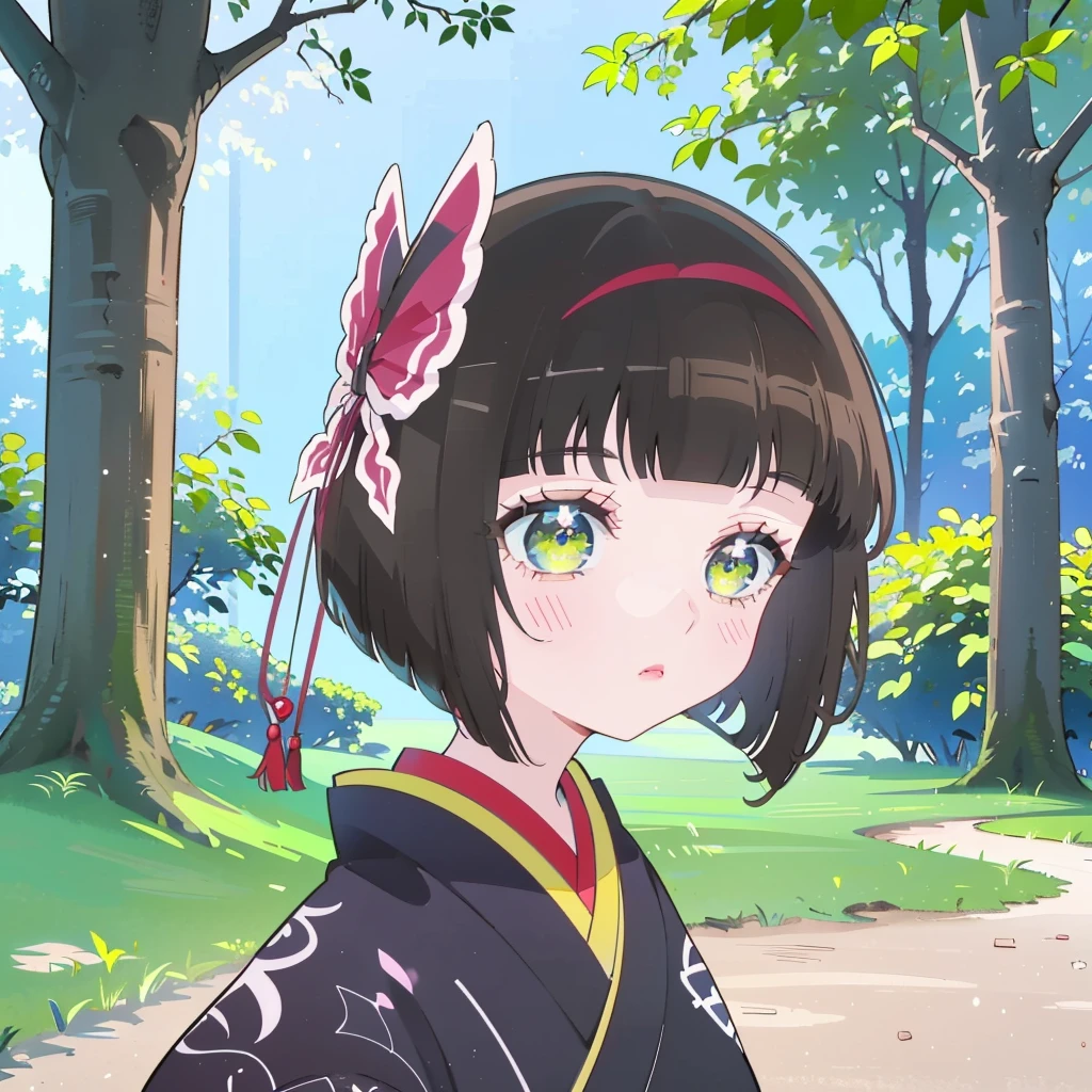 2 heads、V-signs、doing double piece、Little、Littleサイズ、Anime girl in kimono standing in front of a tree, Anime visual of a young woman, Anime visual of a cute girl,