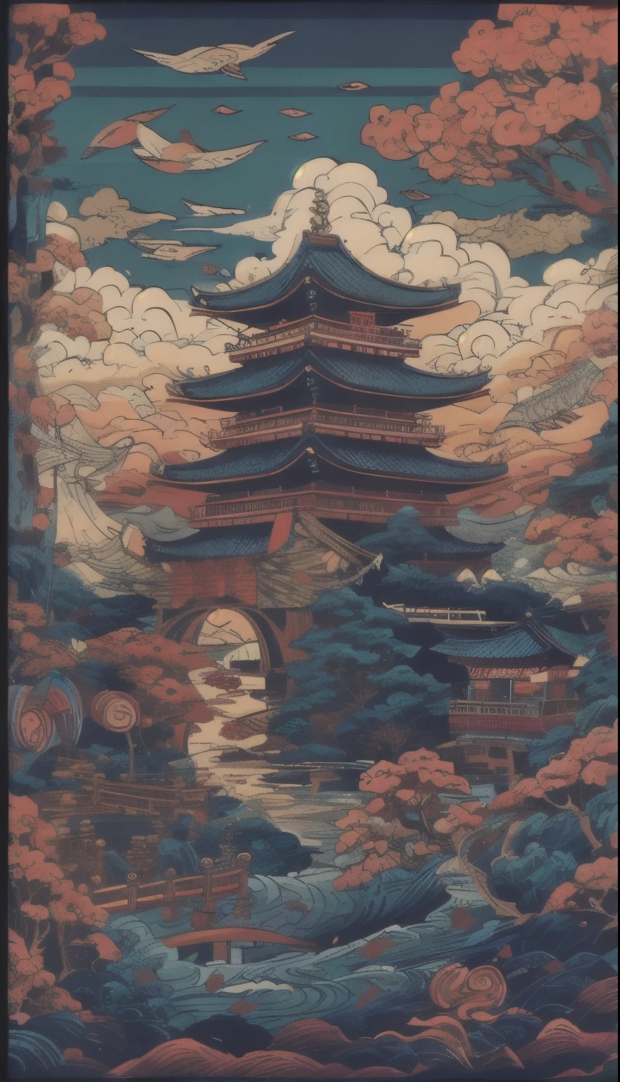 Uma vila a beira de um rio , Estilo de arte japonesa, japanese inspiration poster, studio ghibli and dan mumford, Japan Poster, estilo de arte oriental, Quioto inspirado, Inspirado por Torii Kiyomasu, inspirado em Yoshida Hanbei, inspirado em Torii Kiyomitsu, Inspirado em Utagawa Hiroshige II