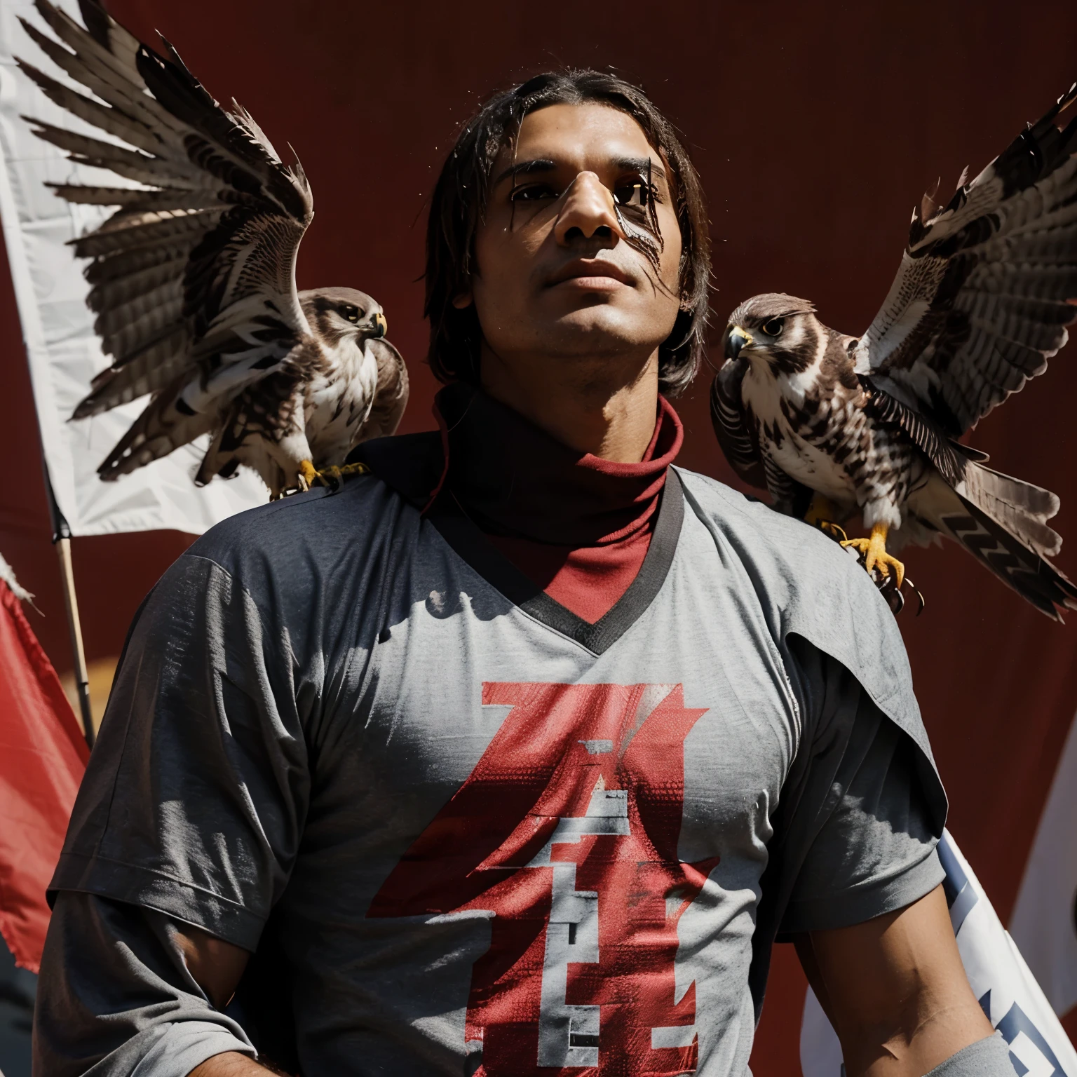 Generate with the red background a gray falcon with an aura holding a banner that says falcons 