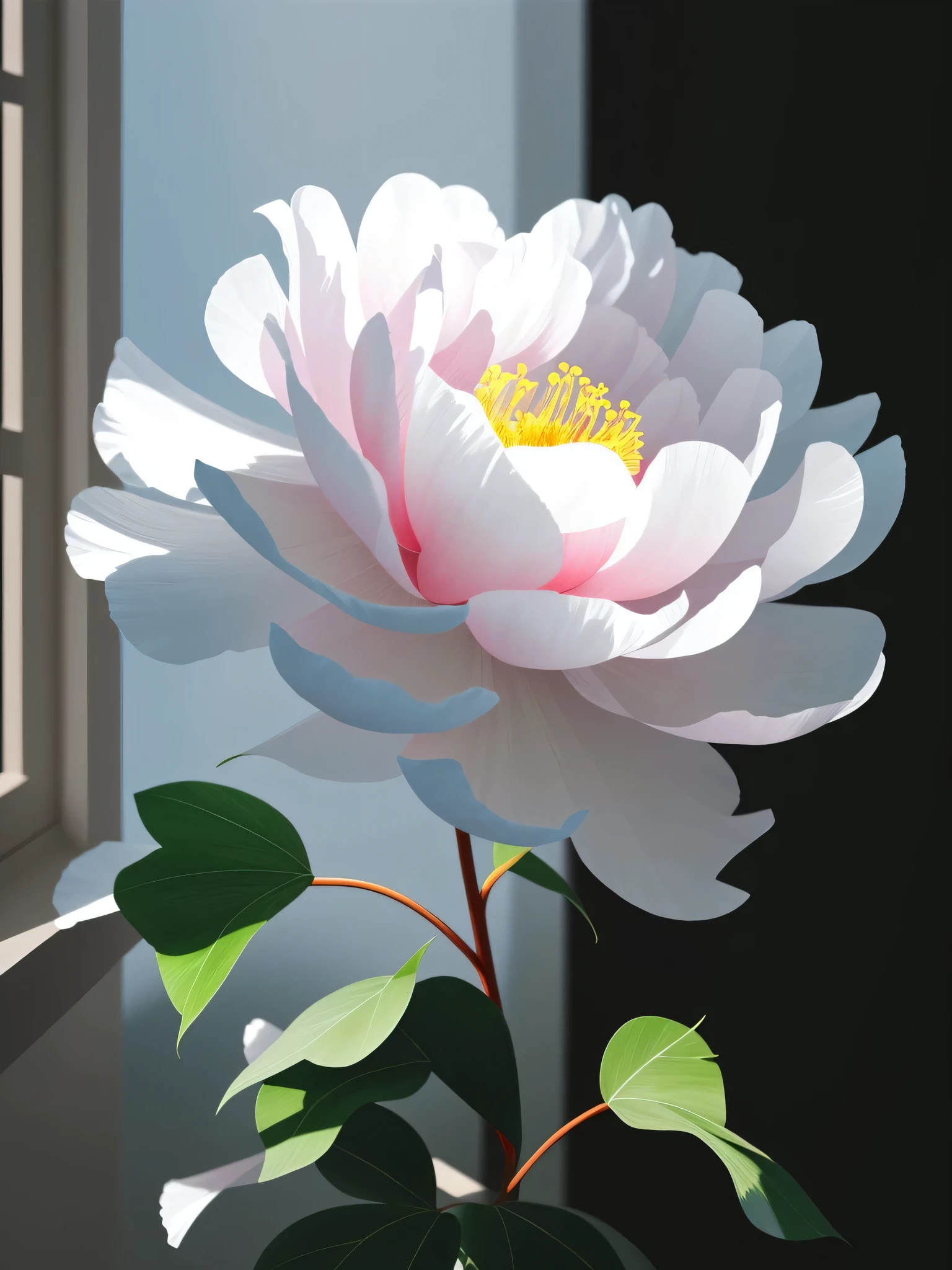 (The background is the balcony:1.4),There is a big white flower in front of the window,green leaves, Elegant digital painting, Beautiful digital painting, glowing delicate flowers, peony flowers, Gorgeous digital painting, peony, Realistic digital painting, Realistic digital art, Stunning digital paintings, low detail. digital painting, Highly detailed digital painting, # 1 number ever