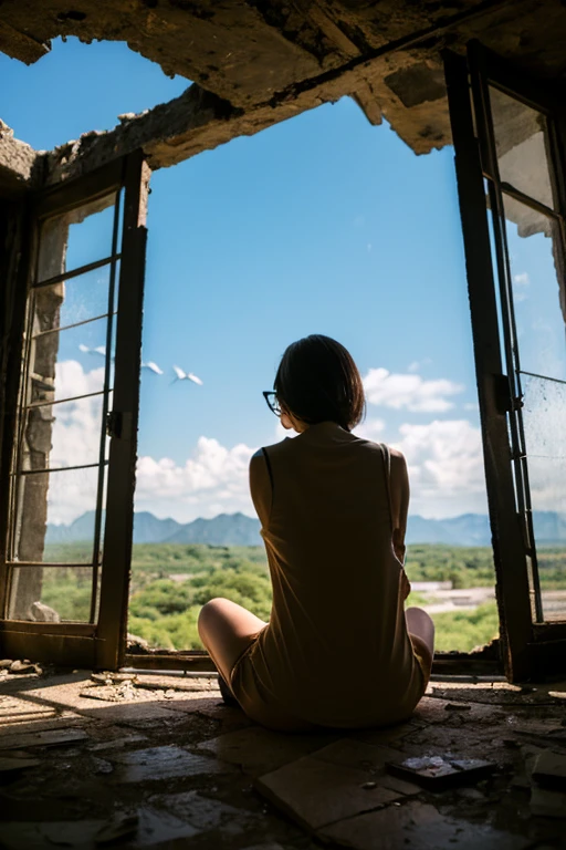 desolation,ruins,end of the century,Showa,glasses girls,adventure,back view,