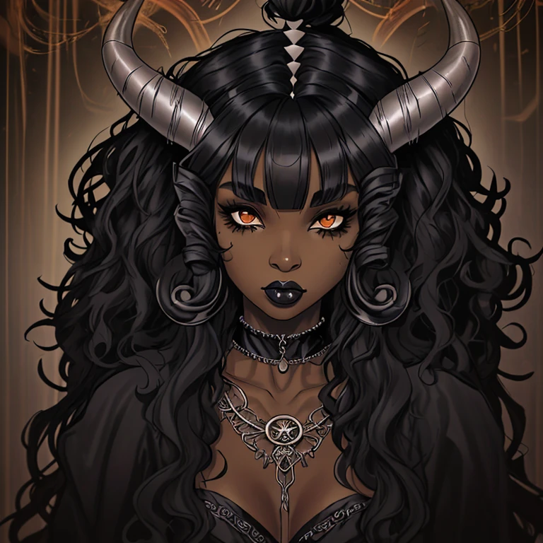 Mystical goth black girl with accessories and horns curly hair with bangs
