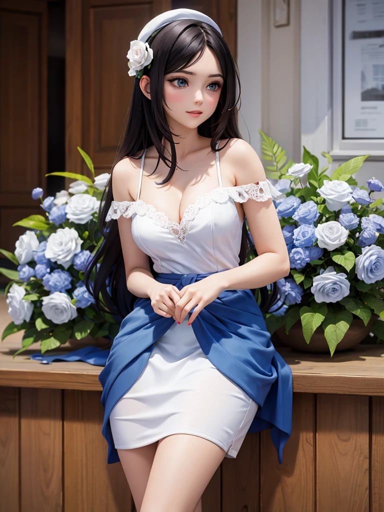 a woman,Mature,Lovely,beautiful,white,blue,rich and colorful,candy,flower,shop