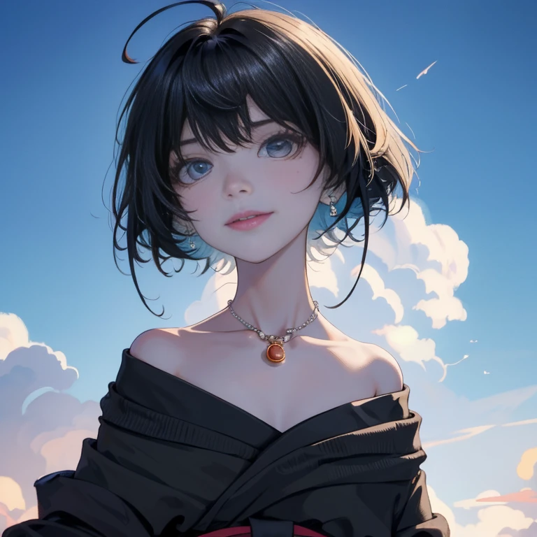 Top quality, Masterpiece, Very high accuracy, reality, 1 girl, Off shoulder, Knit, He smiles, He smiles, Slightly visible, Oversized_Jacket, Soft lighting, Detailed skin, Explosions, Black hair, Clear eyes, Short bob hair, Transparency, Japan, Korean, Pretty woman, Upper eyes, Lip Gloss, Black thick necklace, Tears, Mole on chest, It stands out in the eyes