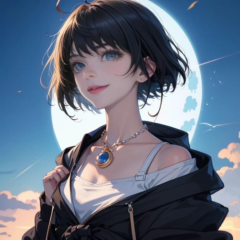 Top quality, Masterpiece, Very high accuracy, reality, 1 girl, Off shoulder, Knit, He smiles, He smiles, Slightly visible, Oversized_Jacket, Soft lighting, Detailed skin, Explosions, Black hair, Clear eyes, Short bob hair, Transparency, Japan, Korean, Pretty woman, Upper eyes, Lip Gloss, Black thick necklace, Tears, Mole on chest, It stands out in the eyes