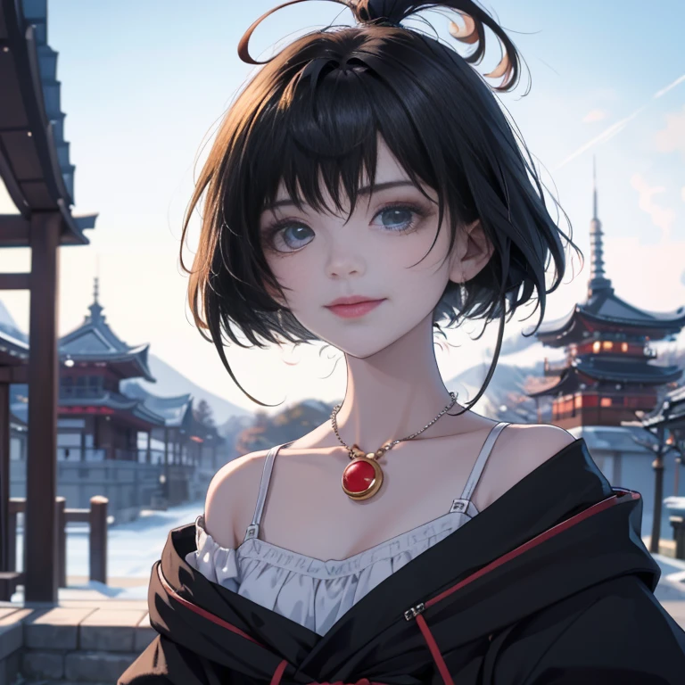 Top quality, Masterpiece, Very high accuracy, reality, 1 girl, Off shoulder, Knit, He smiles, He smiles, Slightly visible, Oversized_Jacket, Soft lighting, Detailed skin, Explosions, Black hair, Clear eyes, Short bob hair, Transparency, Japan, Korean, Pretty woman, Upper eyes, Lip Gloss, Black thick necklace, Tears, Mole on chest, It stands out in the eyes
