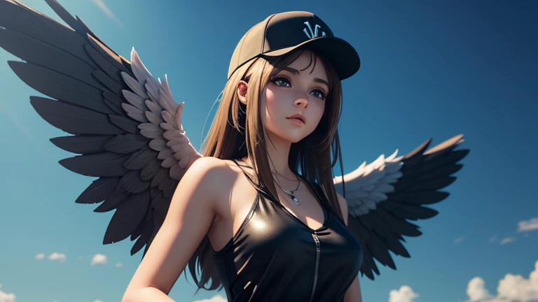 There is a woman with a black baseball cap and wings on her head., of an beautiful angel girl, angel girl, Wings only on both shoulders. Realistic anime 3d style, Gwaites style artwork, beautiful angel, Girl with angel wings, beautiful digital artwork, of beautiful angel, beautiful angel girl portrait, beautiful anime girl, anime style 4k, realistic 3d animation