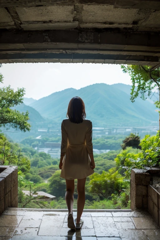desolation,ruins,end of the century,Showa,glasses girls,adventure,back view,